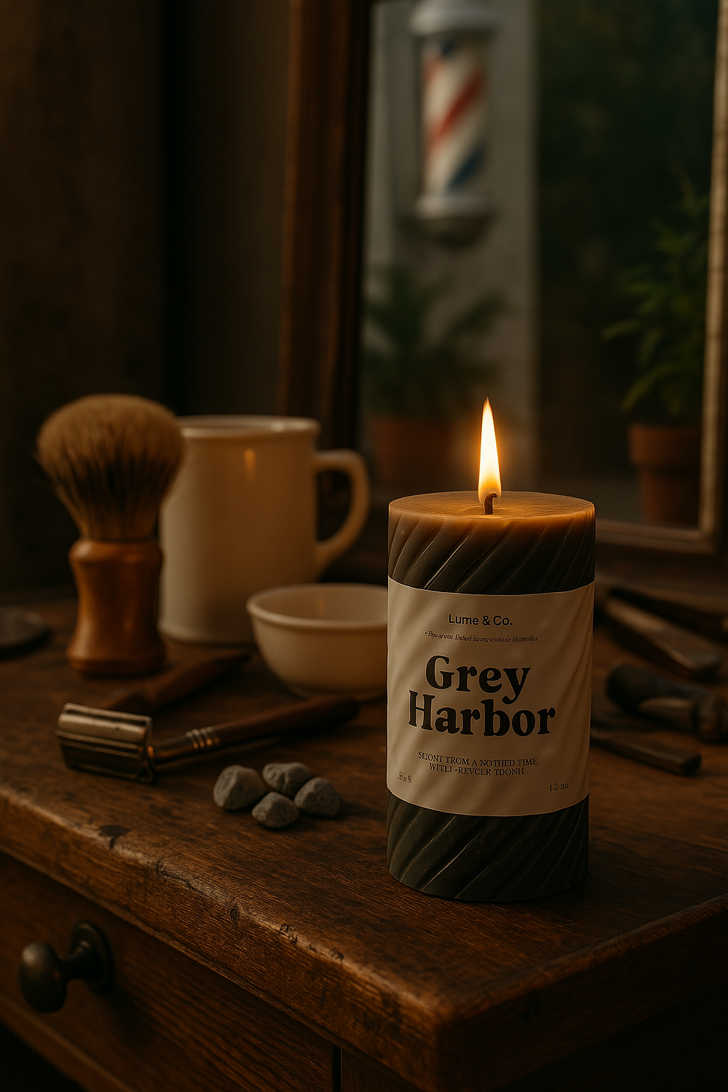 Grey Harbor Pillar Candle | Signature Vintage Scent – Lume & Co