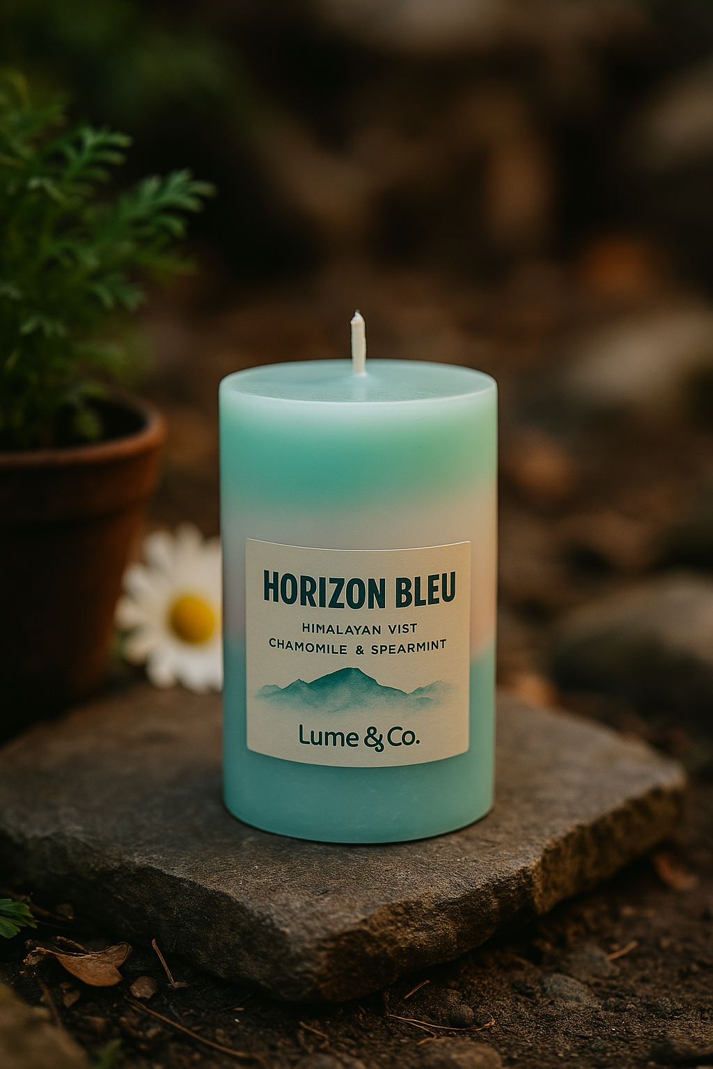 Horizon Bleu candle with chamomile and spearmint scent – handcrafted soy wax candle by Lume & Co