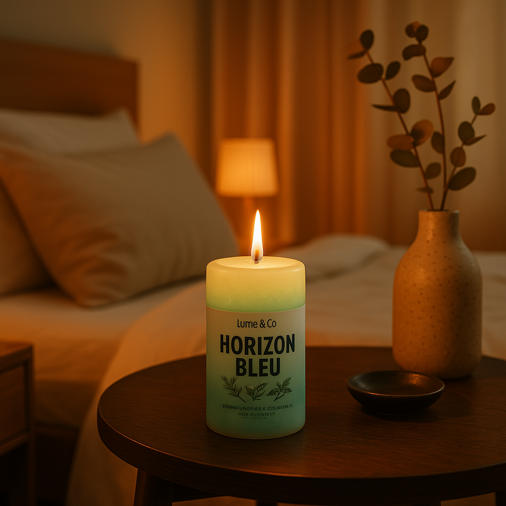 Lume & Co Horizon Bleu pillar candle with Himalayan mist fragrance – luxury home aroma candle