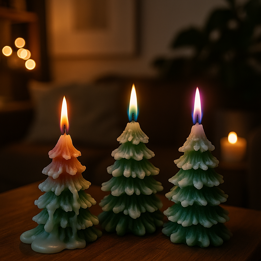 Pine Tree Luxury Candle with Snow – Farbige Flammen Weihnachtskerzen | Handgefertigte Duftkerzen mit Kiefernduft