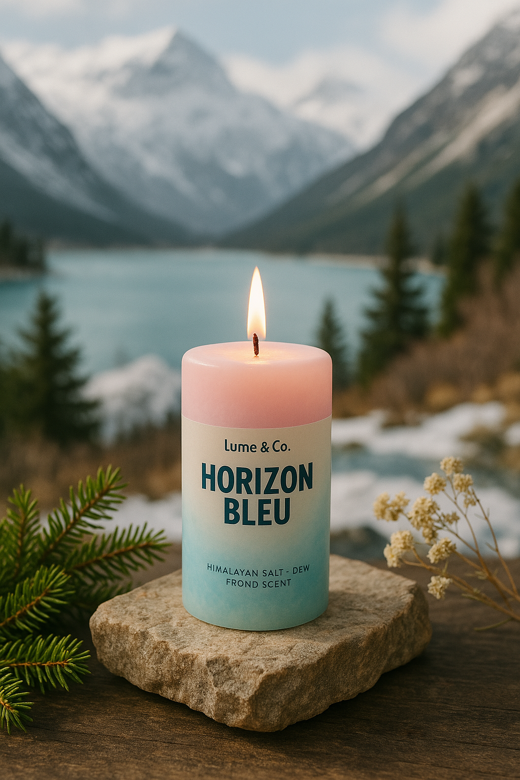 Horizon Bleu pillar candle lit with Himalayan mountains in background – Lume & Co scented candle
