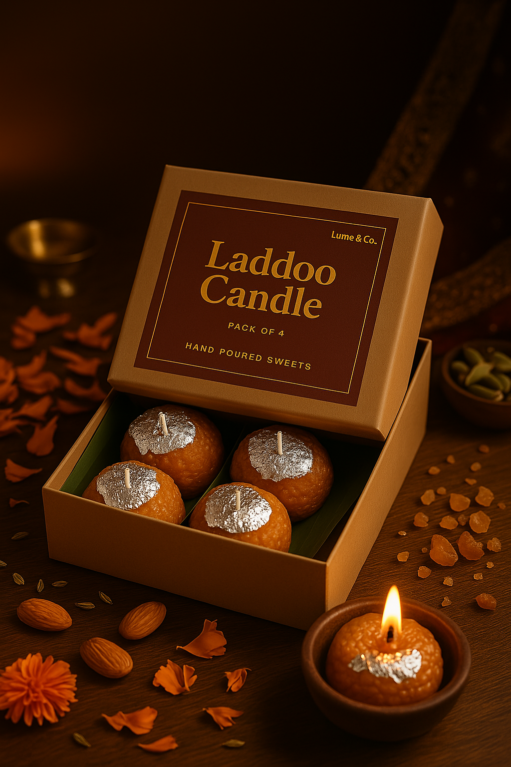 A box of ladoo candles by Lume & Co. Place on a wooden counter and one candle is burning