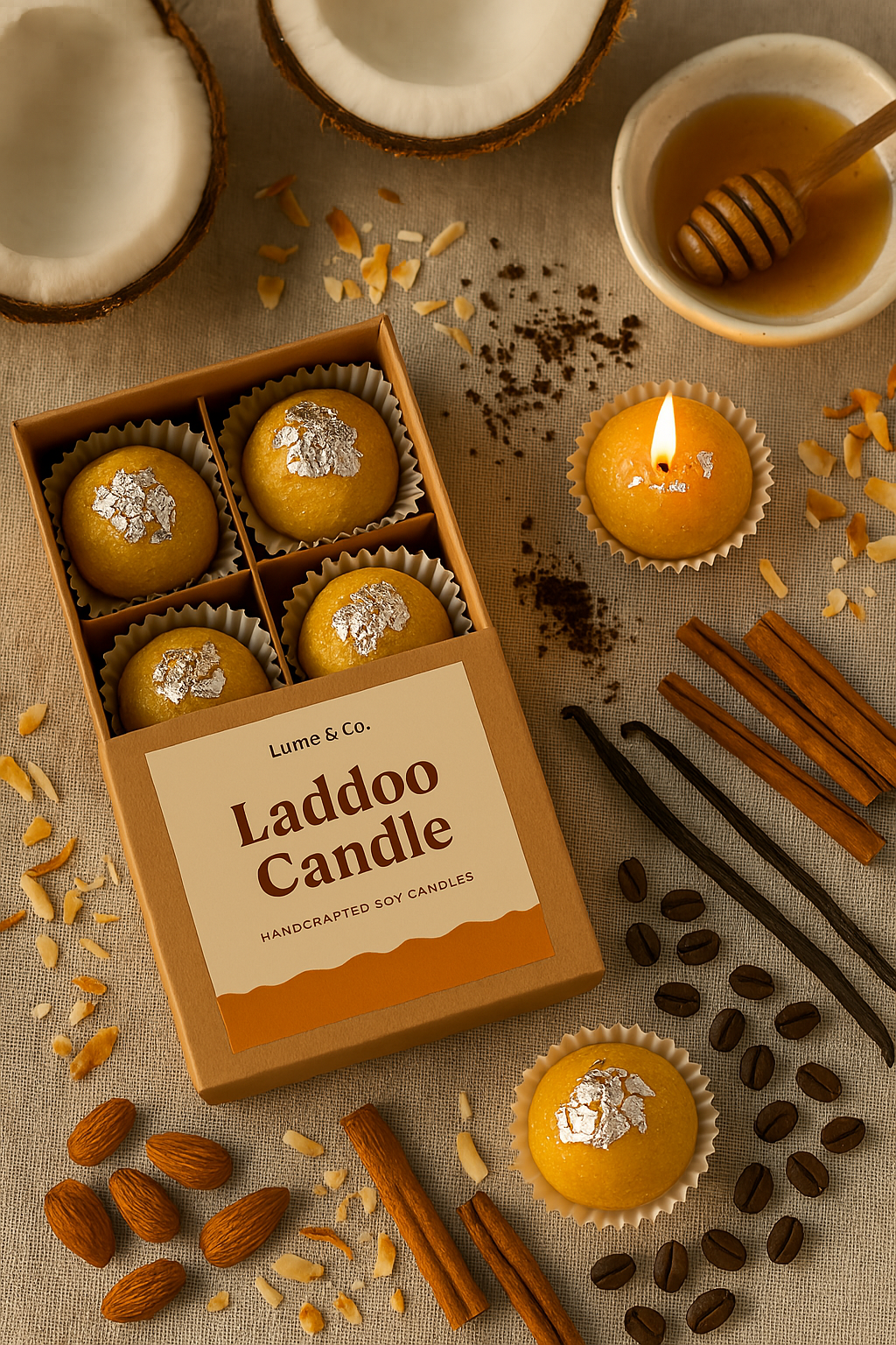 Pack of 4 Ladoo candles packed by Lume & Co. In editorial style photo