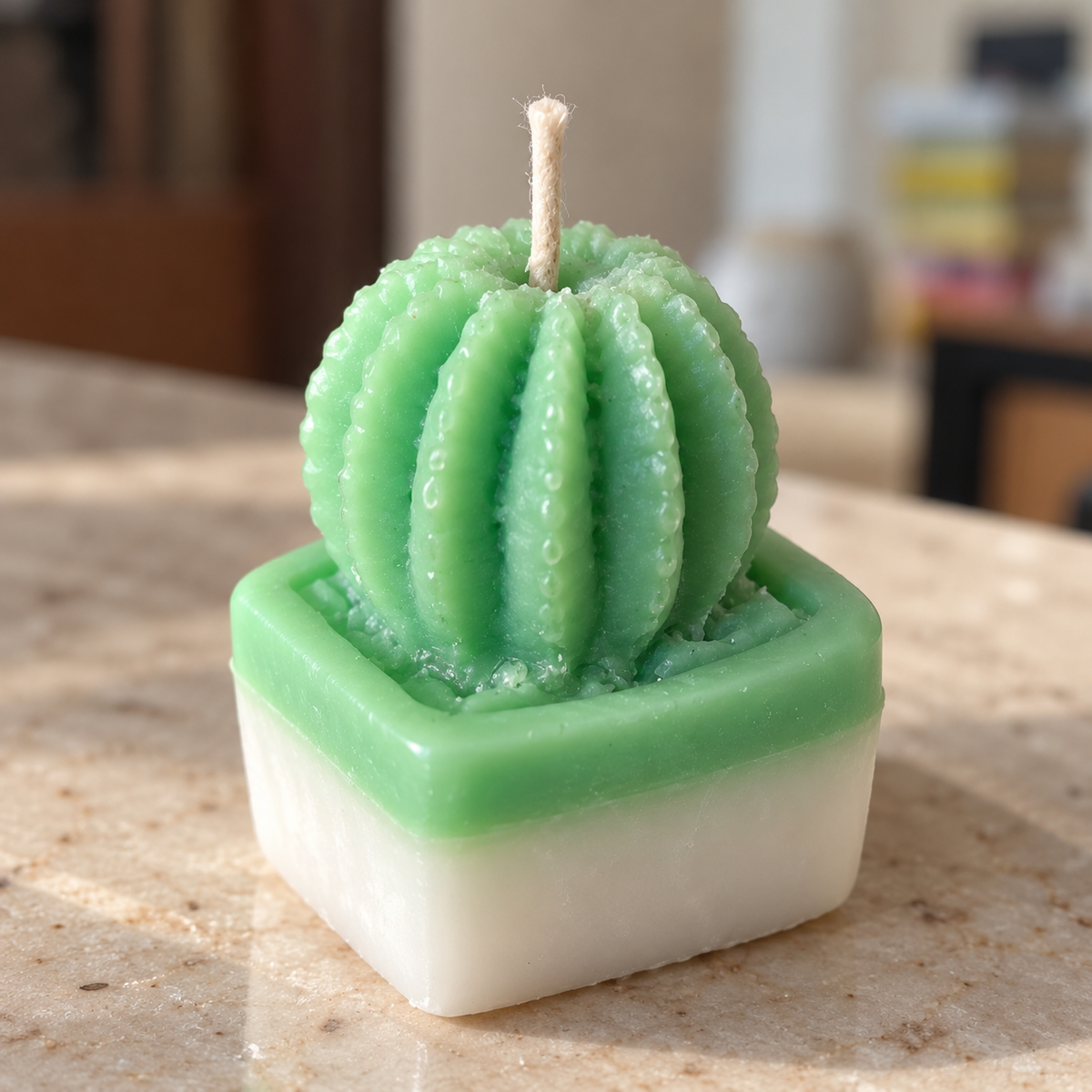 Close-up illustrative cactus wax candle showing textured ribs, cotton wick and green-and-white square base
