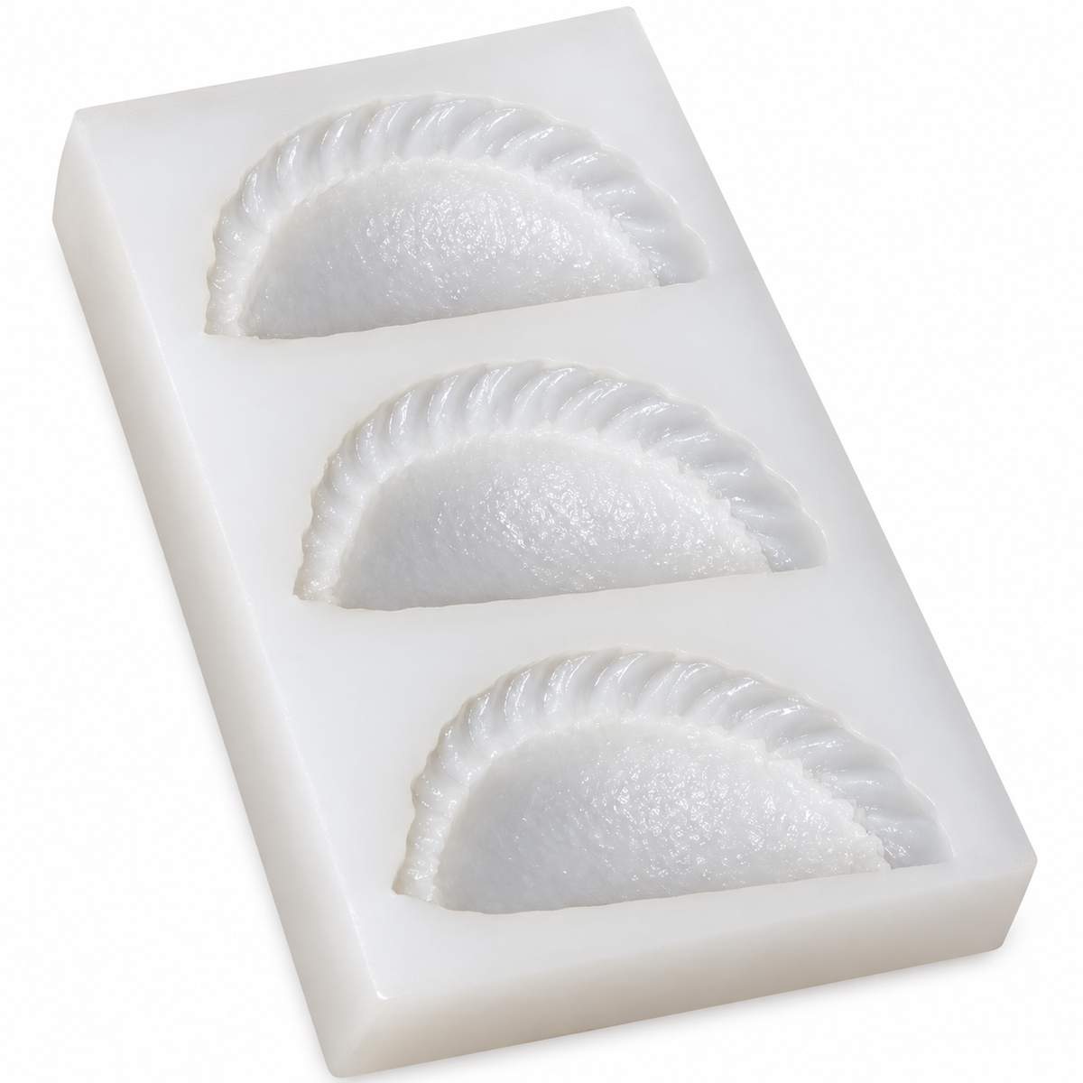 Three-cavity gujiya silicone candle mould, unpacked on a white background