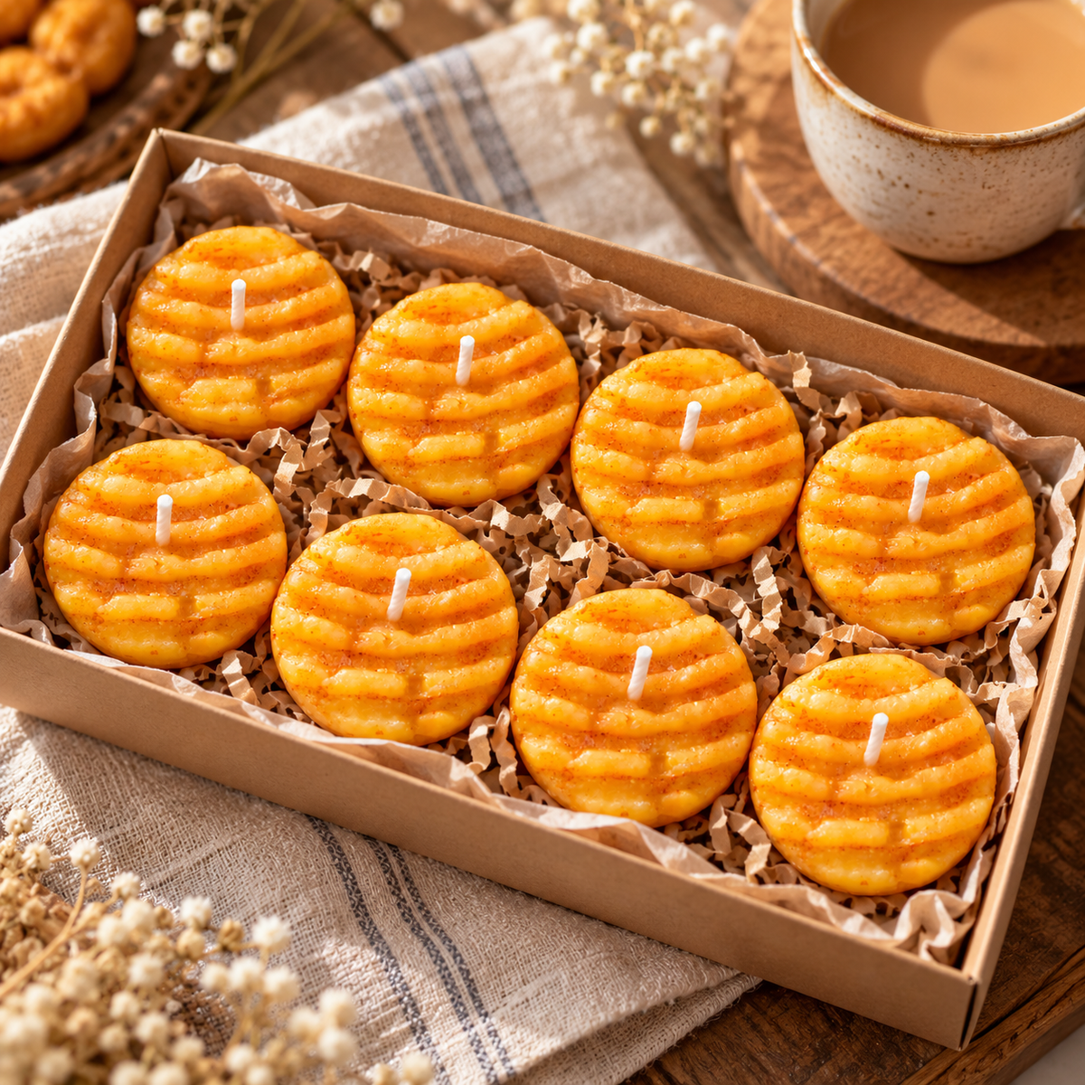 Illustrative styling of eight golden biscuit shaped handmade candles in a rustic gift box with paper filling