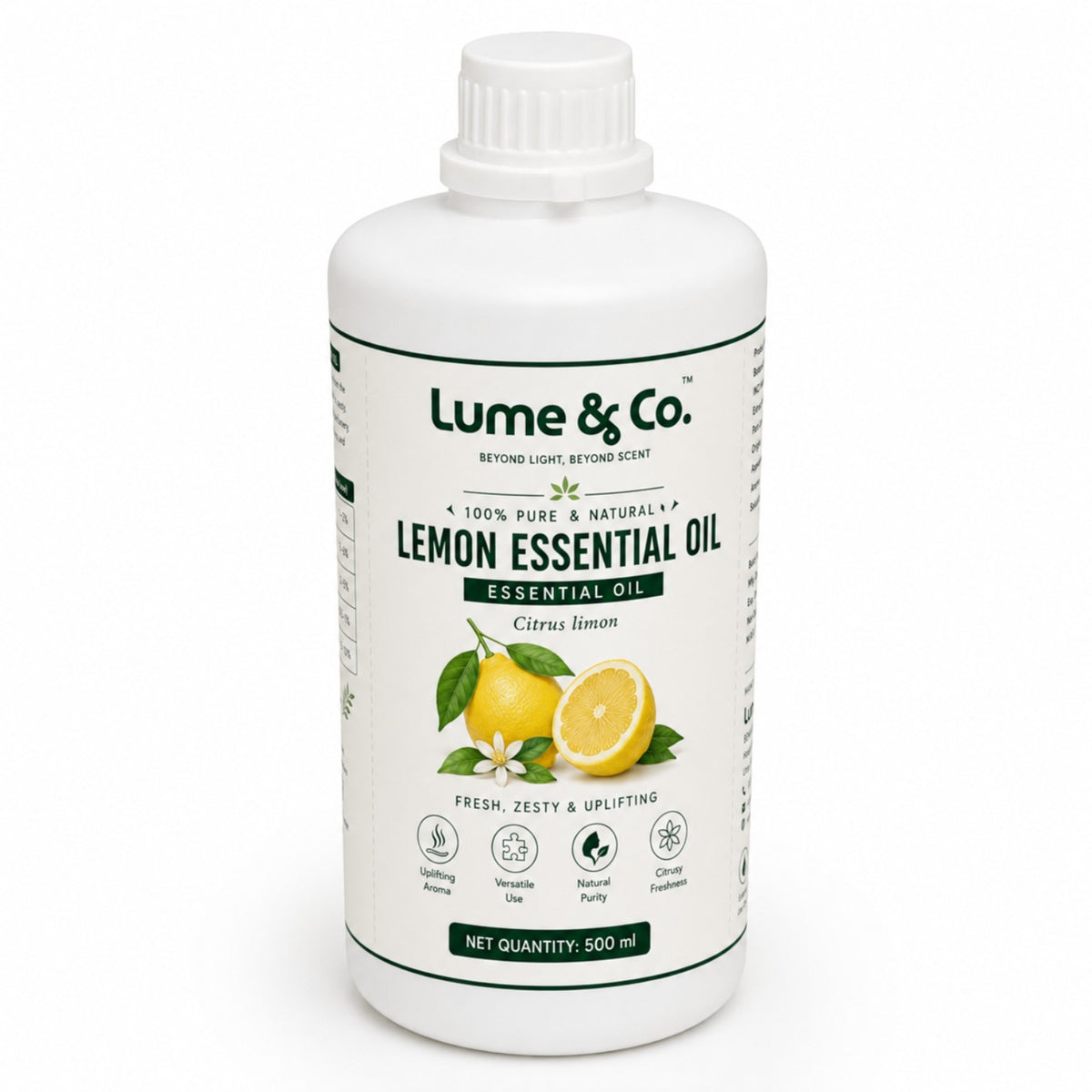 Lemon essential oil 500 ml angled product pack shot on white background