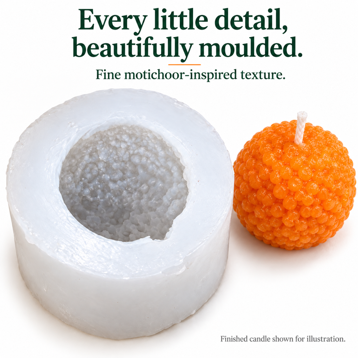 Close-up of fine boondi texture in the silicone laddu mould and finished orange candle