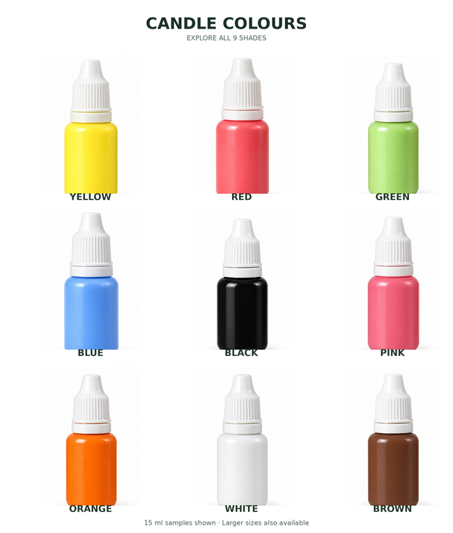 Nine available Lume & Co. candle colours: yellow red green blue black pink orange white brown