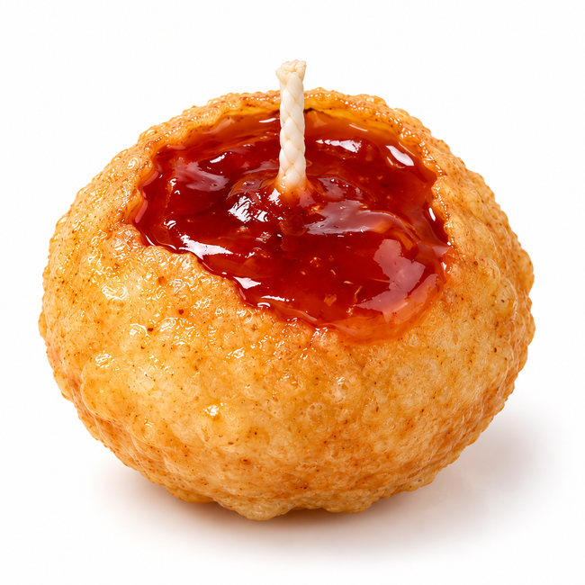 Single 26g Meethi Pani Puri novelty candle on white background with red cherry-sweet chutney inspired gel wax