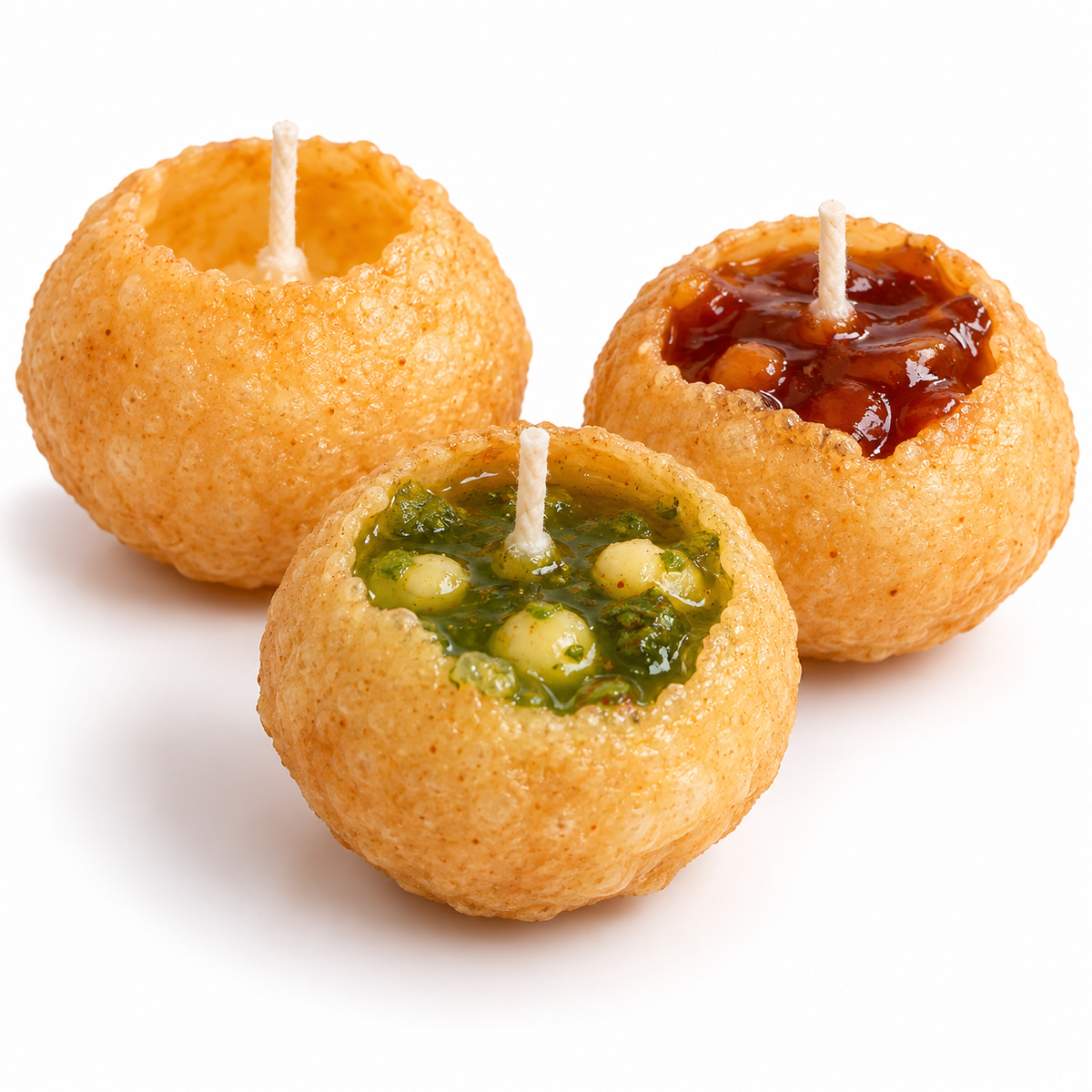 Lume & Co. Pani Puri Candle Collection - three 26 g food-shaped candle styles on pure white background