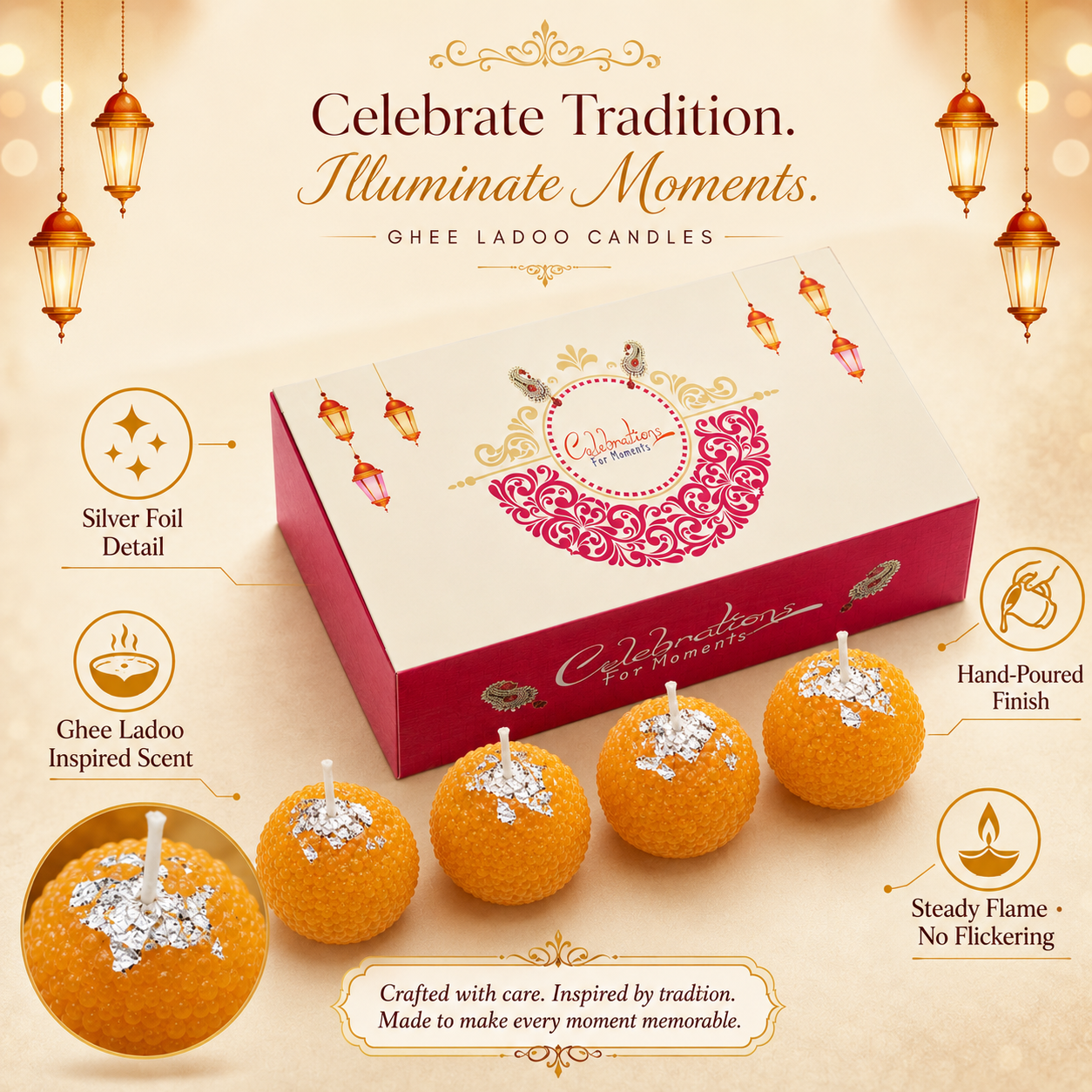 Scented Motichoor Ladoo Candle Gift Box | Premium Laddu-Shaped Decorative Candles for Diwali, Pooja, Wedding & Hamper Gifts