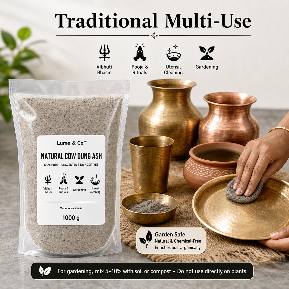 Natural Cow Dung Ash Powder for Vibhuti Bhasm, Pooja, Rituals, Gardening & Utensil Cleaning