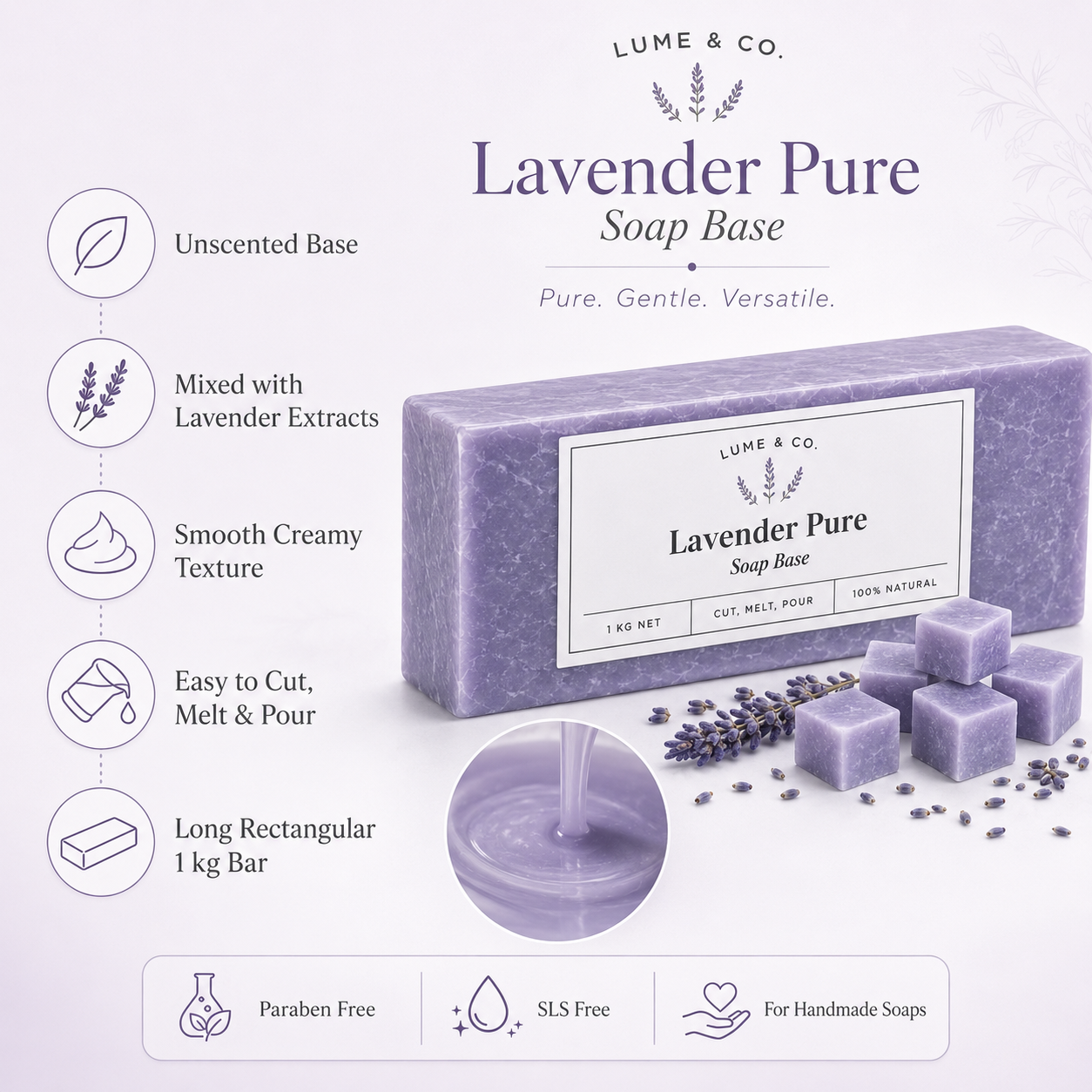 Lume & Co.™ Lavender Pure Soap Base 1kg | SLS & Paraben Free Melt and Pour Soap Base for DIY Craft, Handmade Soaps
