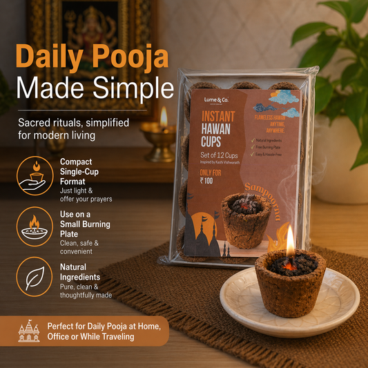 Lume & Co. Sampoorna Instant Hawan Cups used for daily pooja at home, compact single-cup hawan format with natural ingredients and small burning plate, ideal for sacred rituals, office pooja, travel pooja, meditation and modern spiritual living
