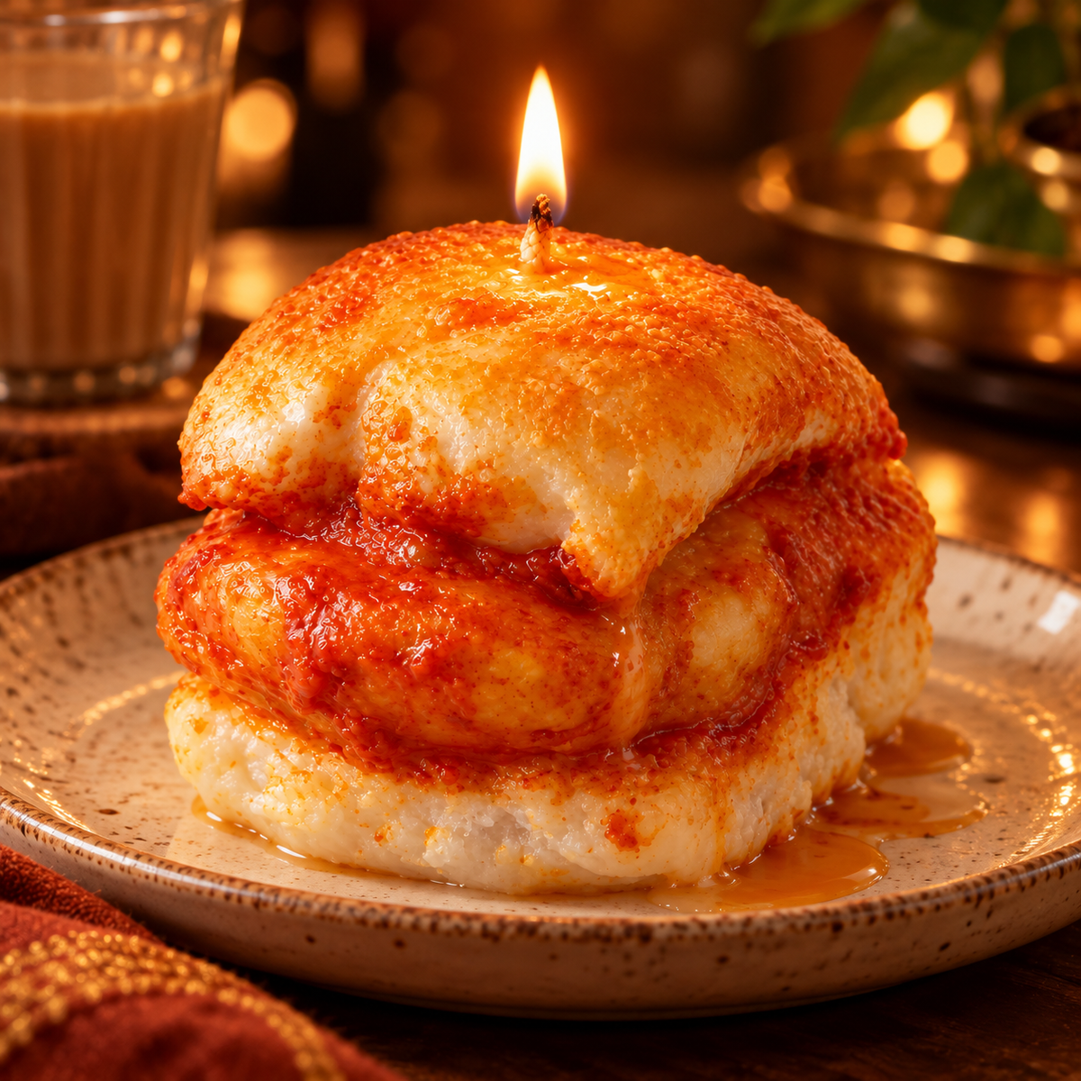 Close-up of realistic Masala Vada Pav scented or unscented candle with golden bun and fried potato vada details