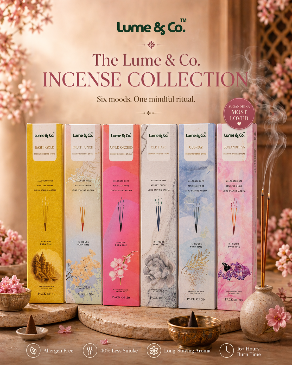Lume & Co. Sugandhika Premium Räucherstäbchen (30er-Pack) | Lang anhaltender blumig-holziger Duft