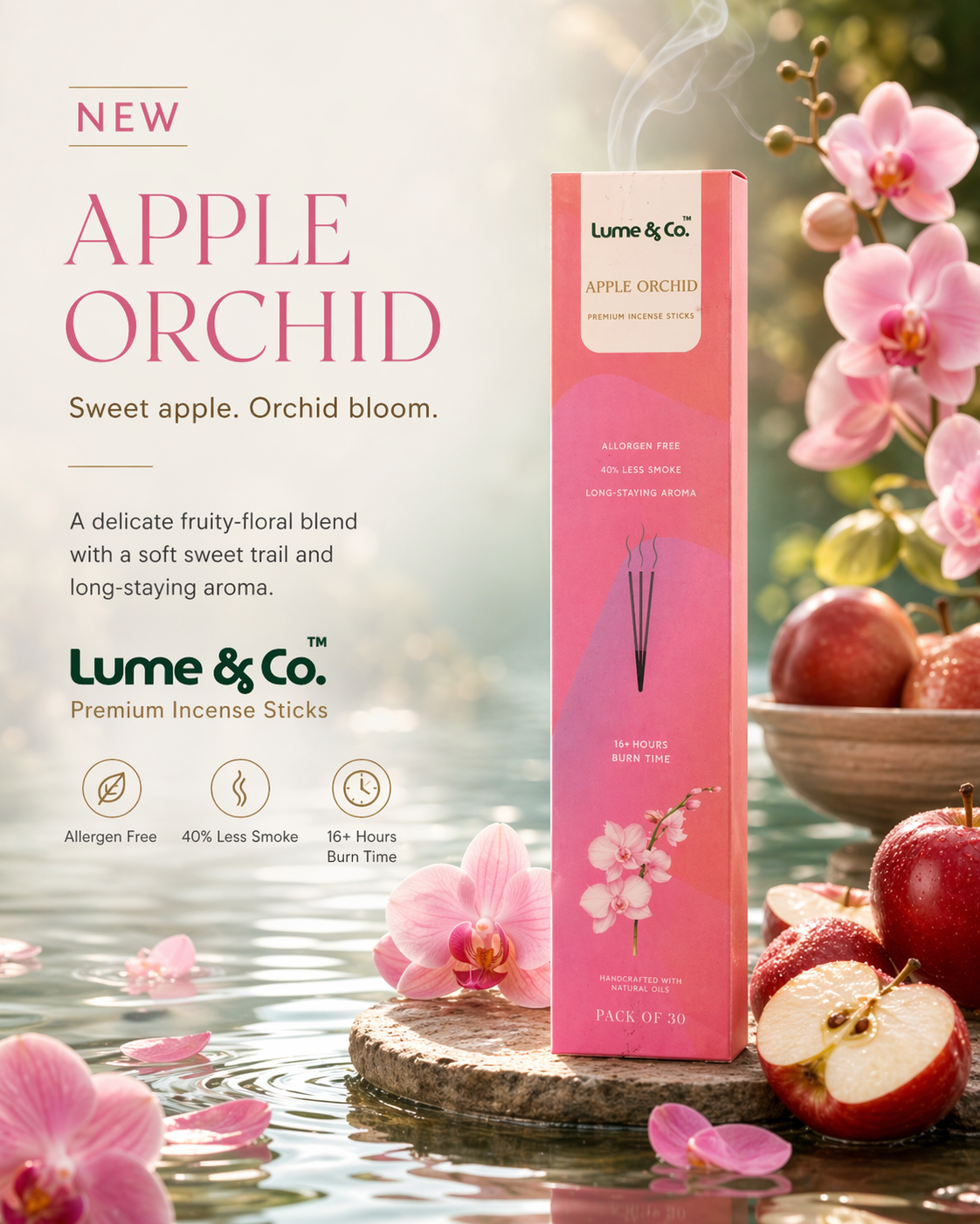 Apfel-Orchideen-Räucherstäbchen – Packung mit 30 Stück | Premium-Duft für Zuhause | Packung mit 30 Stück | Lume & Co.