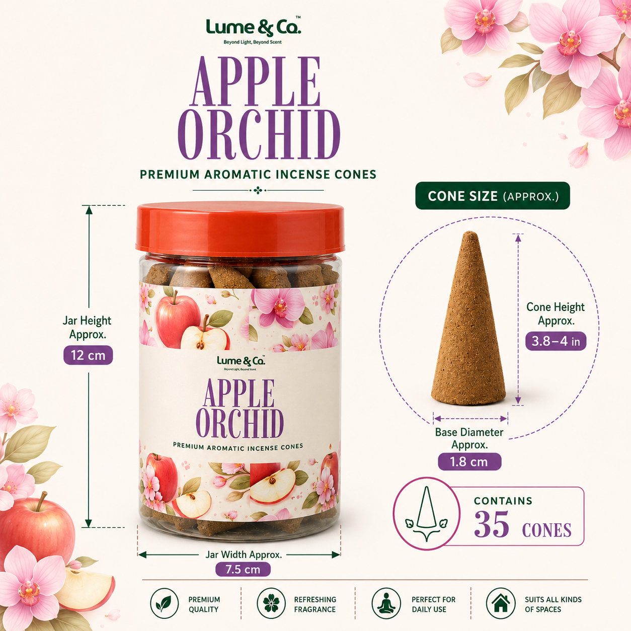 Apple Orchid Dhoop Cones Jar | Fruity Floral Incense Cones for Pooja, Meditation & Home Fragrance | Lume & Co.
