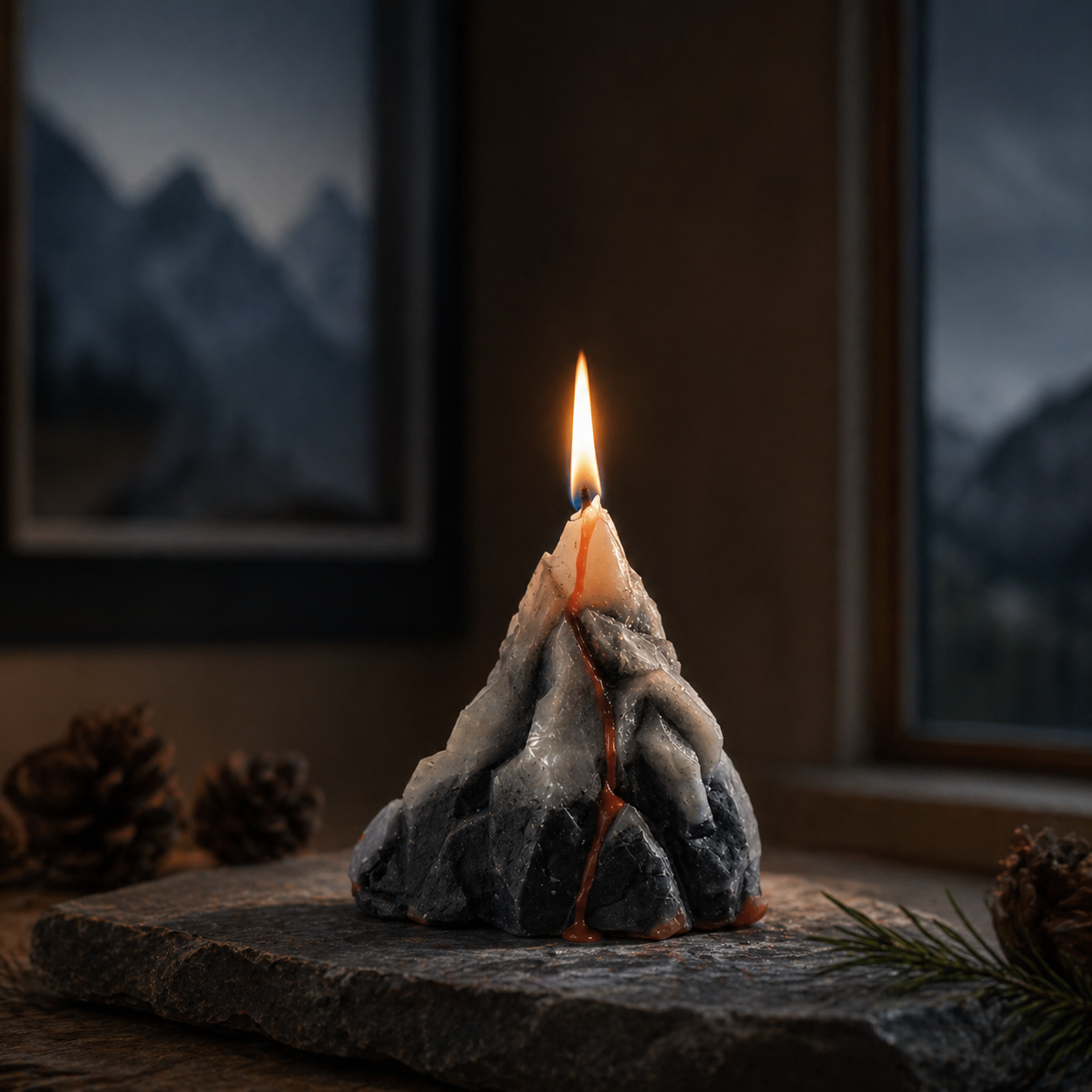 Rock-like candle with a flame on a dark background