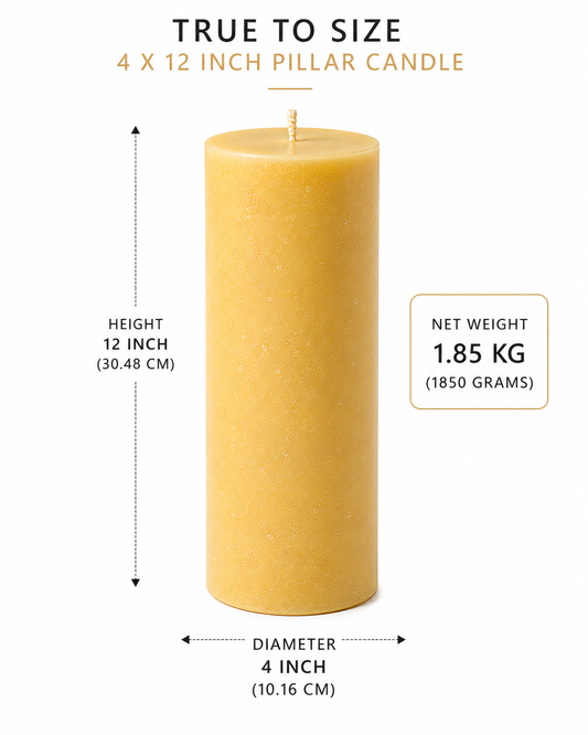 Ivory Natural Beeswax Pillar Candle | 4×12 Inch | Long Burn upto 280 hrs |