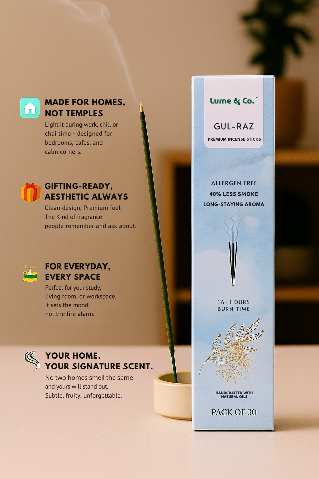 Gul-Raz Incense Sticks | Pack of 30 | Luxury Scented & Handcrafted | Lume & Co.