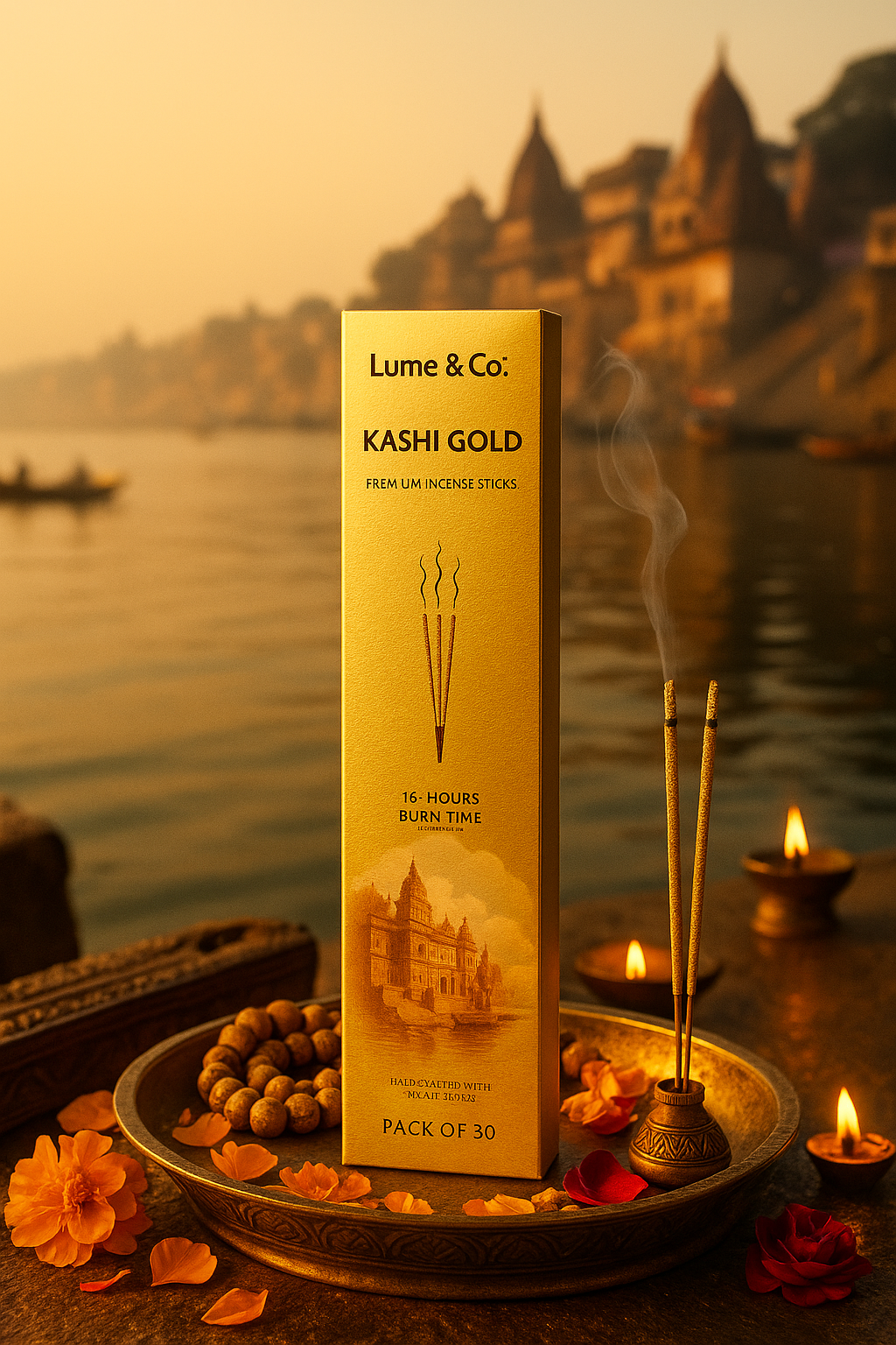 Kashi Gold Incense Sticks – Sacred Floral Scent Inspired by Varanasi Ghats | Premium Long-Burn Agarbatti – 30 Pack