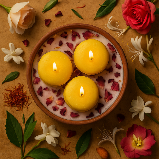 Sugandh Saaz scented terracotta bowl candle with jasmine saffron and camphor