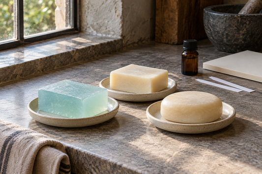 Three simple soap bars with fragrance testing supplies on a workbench