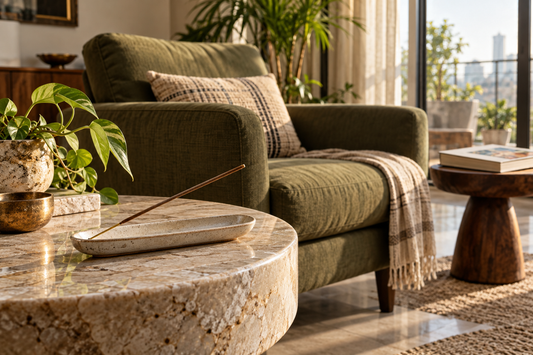 Unlit incense in a ceramic holder beside a comfortable living-room chair