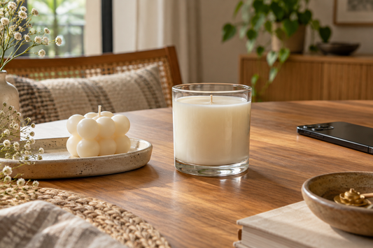 Unlit jar and sculptural candles on a wooden table