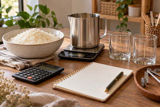 Candle maker's workbench with wax, scale and calculator