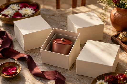 Understated candle gift boxes arranged for festive gifting