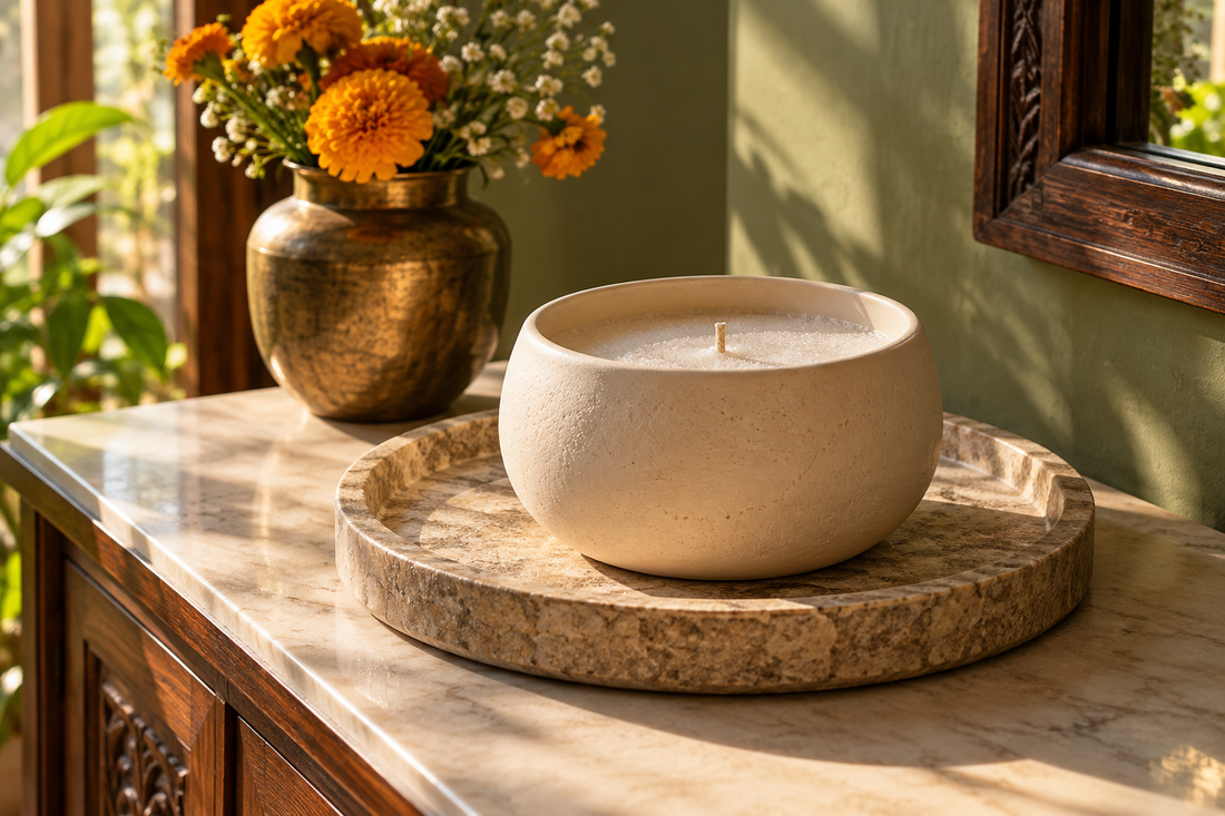 Pearl sand wax candle in a ceramic bowl in a softly lit Indian home