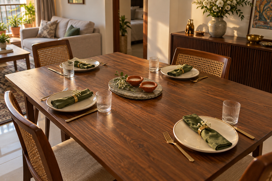 Compact Diwali dining table styled with unlit terracotta diyas