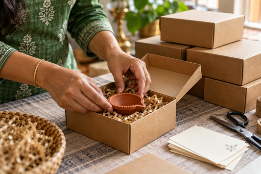 Packing a terracotta diya as a Diwali return gift