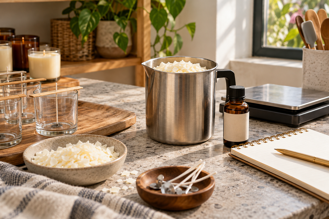 Wax flakes fragrance bottle and weighing scale on a candle maker’s workbench
