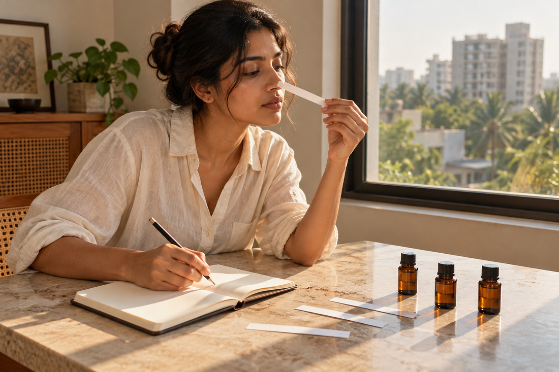 Comparing fragrance samples with scent strips and a notebook