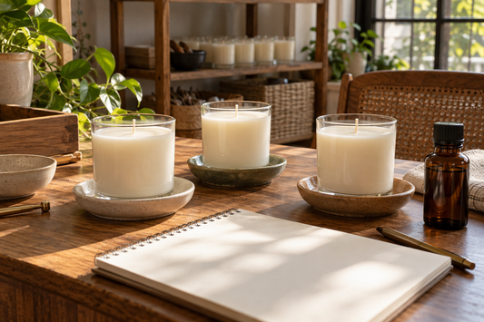 Plain test candles arranged beside a fragrance testing notebook