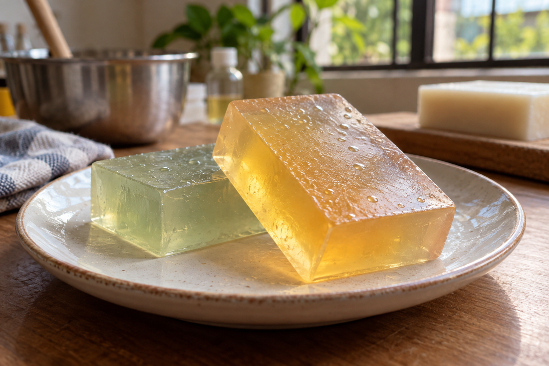 Moisture droplets on translucent melt and pour soap bars