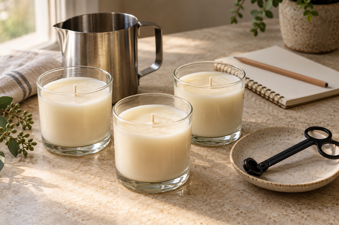 Unlit candle samples with a wick trimmer and maker’s notebook