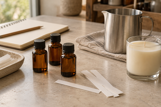 Fragrance sampling bottles and an unlit candle on a maker’s workbench