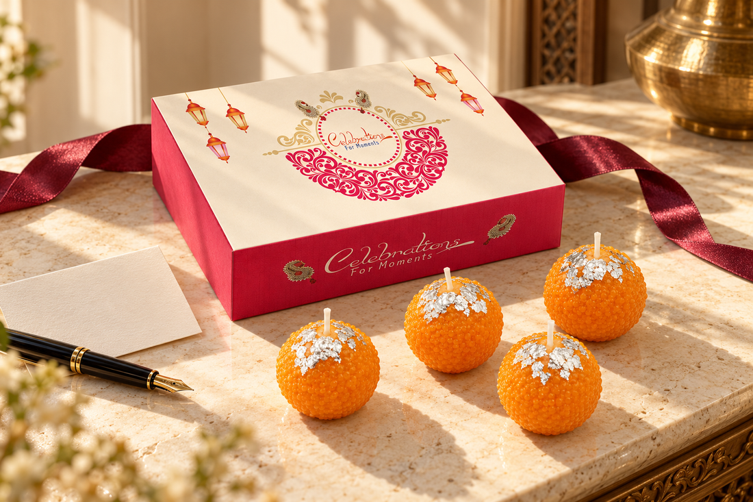Four orange motichoor ladoo candles beside a festive gift box and a handwritten-note setup