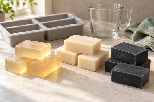 Clear, ivory and charcoal soap project concepts on a maker’s workbench