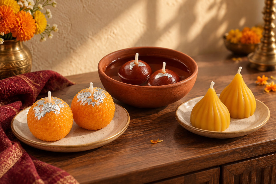 Ladoo and modak candles beside a gulab jamun candle bowl in a festive home setting