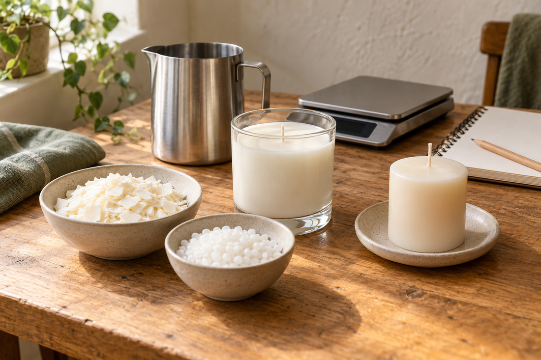Soy wax flakes and paraffin pellets on a beginner candle-making workbench