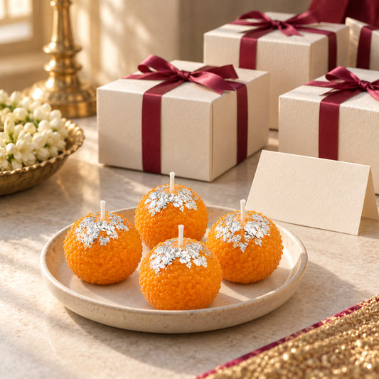 Unlit motichoor ladoo candles with styled wedding favour boxes
