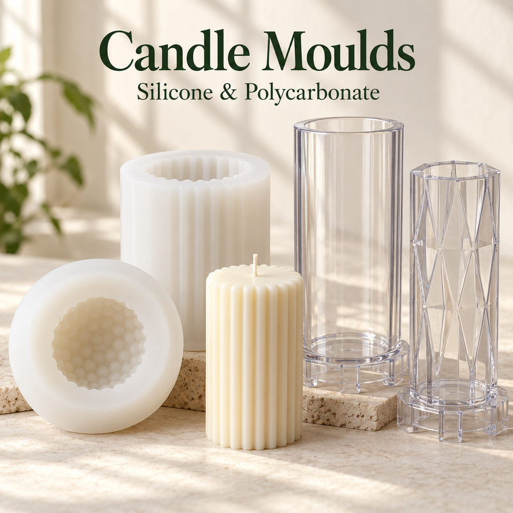 Silicone and clear polycarbonate candle moulds for DIY pillar and decorative candles