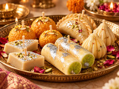 Indian mithai inspired handmade wax candles displayed on a traditional thali — Lume & Co. Mithai Memories collection