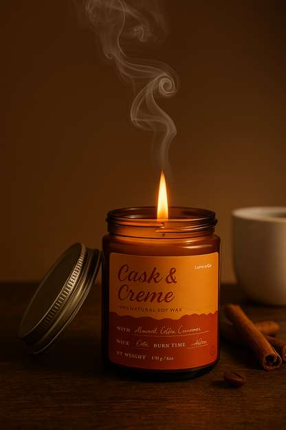 Cask & Creme Exclusive Aroma Candle by Lume & Co. Burning on a premium furniture dark wood table